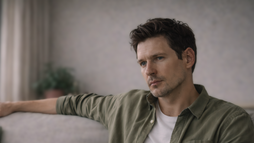 Hombre adulto sentado en un sofá, con expresión de desconexión interior y mirada ausente, en un entorno doméstico sereno.