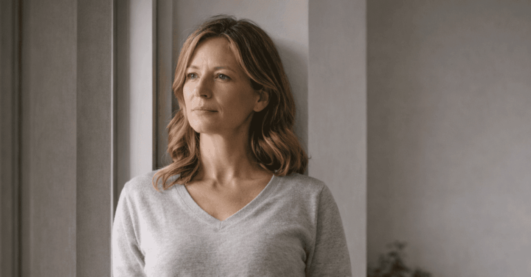 Persona adulta de pie cerca de una puerta o umbral. Postura firme pero tranquila. Brazos relajados, no cruzados. Luz natural entrando desde un lateral, creando contraste suave.