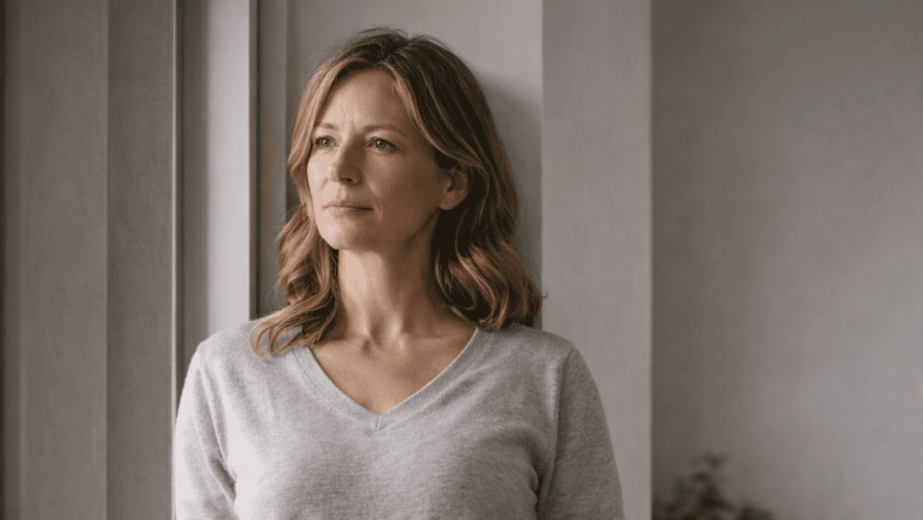 Persona adulta de pie cerca de una puerta o umbral. Postura firme pero tranquila. Brazos relajados, no cruzados. Luz natural entrando desde un lateral, creando contraste suave.