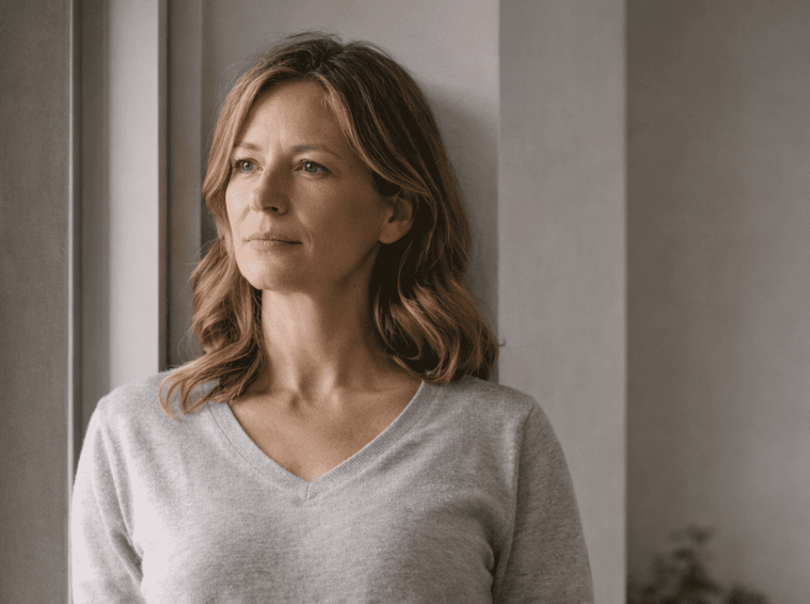 Persona adulta de pie cerca de una puerta o umbral. Postura firme pero tranquila. Brazos relajados, no cruzados. Luz natural entrando desde un lateral, creando contraste suave.