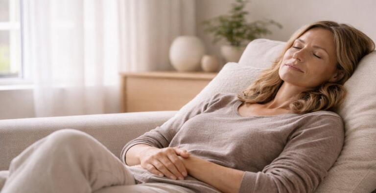 Persona adulta recostada en un sofá Ojos cerrados suavemente, sin gesto de sueño profundo Luz natural suave entrando de frente Postura de descanso parcial, no abandono total