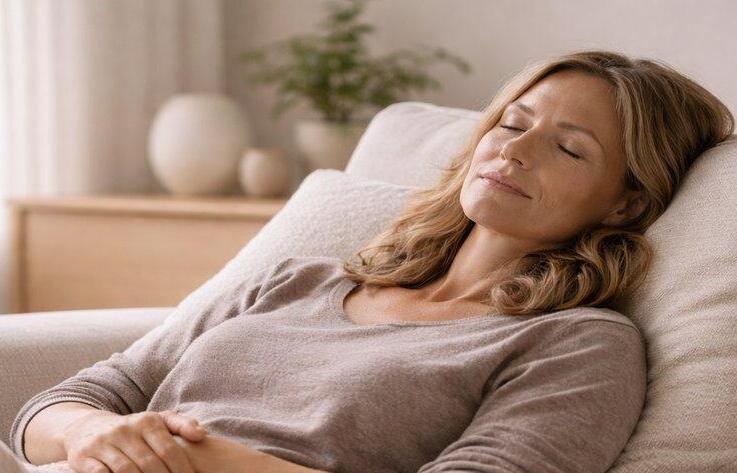 Persona adulta recostada en un sofá Ojos cerrados suavemente, sin gesto de sueño profundo Luz natural suave entrando de frente Postura de descanso parcial, no abandono total