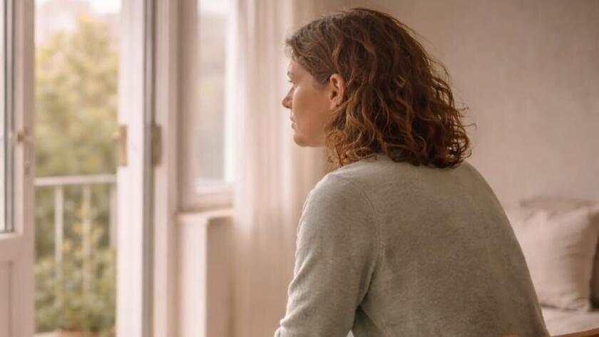 Mujer pensativa mirando por la ventana reflejando sobreimplicación emocional y pérdida de identidad en las relaciones